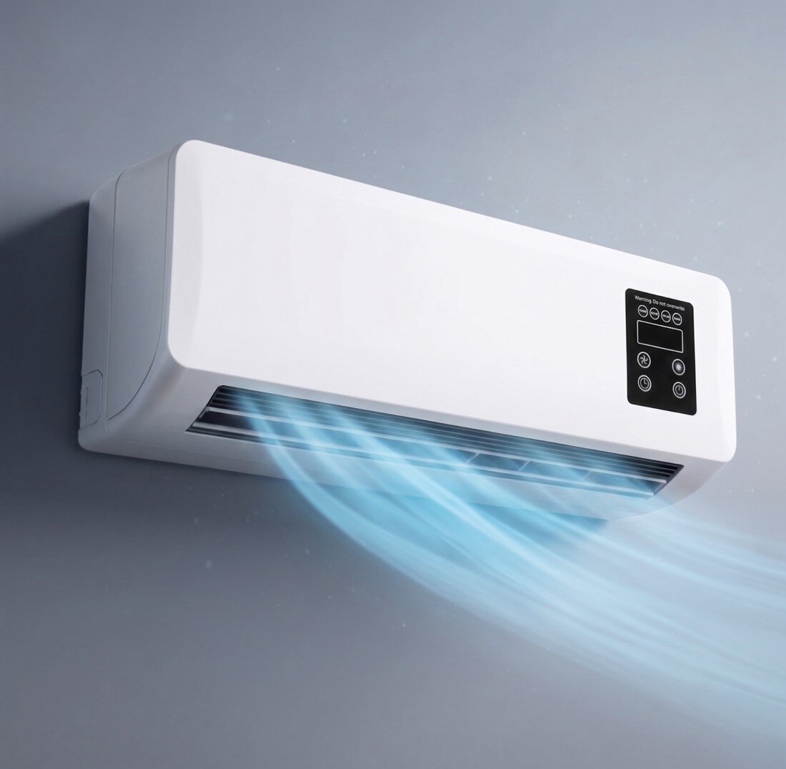 The BlizzAir unit mounted on a wall, cool air streaming from the vents