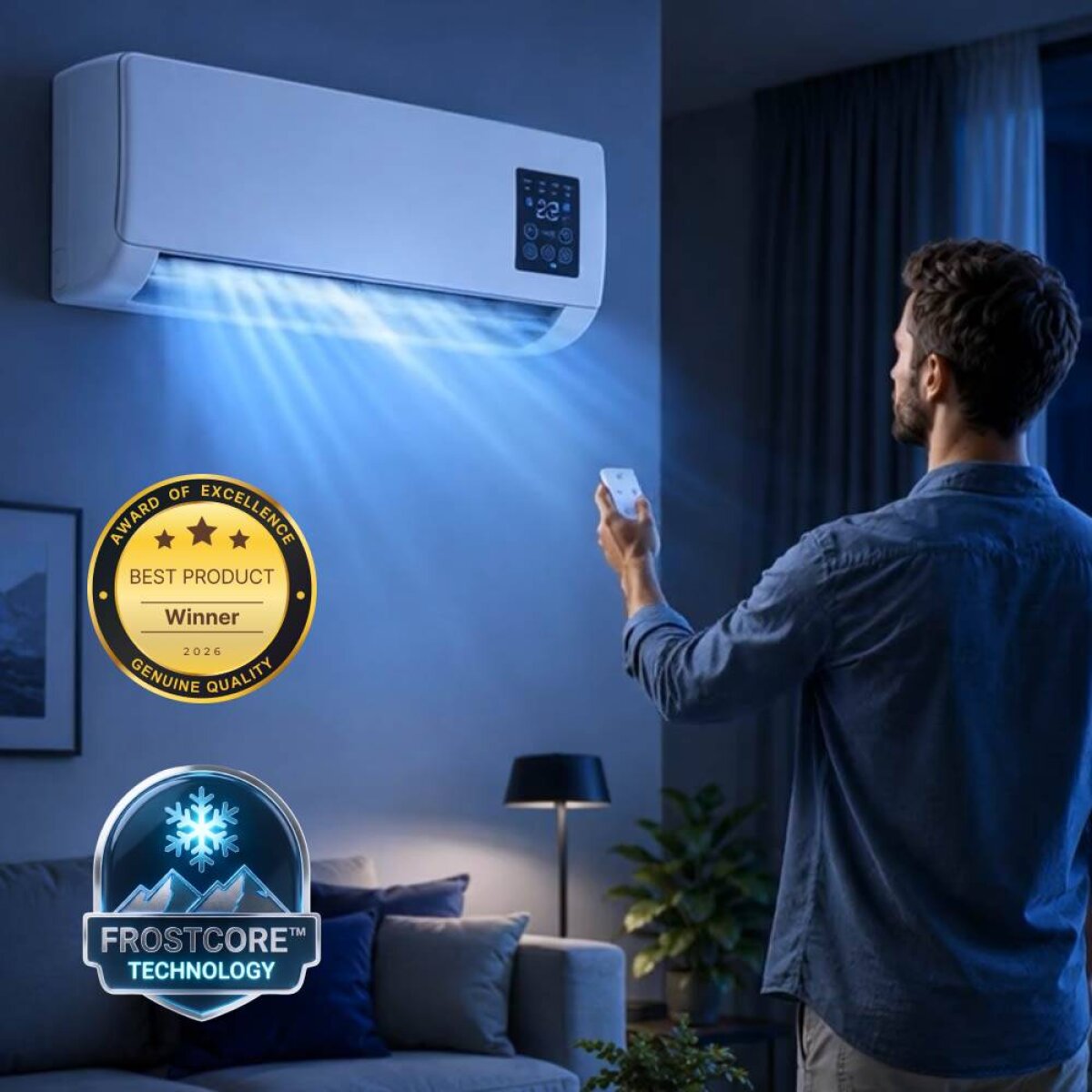A man adjusting a wall-mounted BlizzAir unit with the remote in a darkened living room