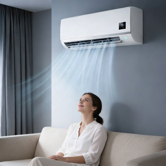 A person relaxing on a sofa in a cooled room