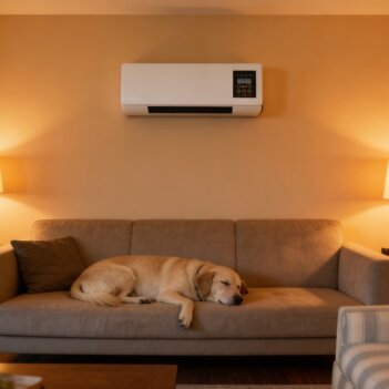 Jess in her rented lounge room with the unit running