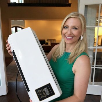 Sarah at home beside her BlizzAir unit